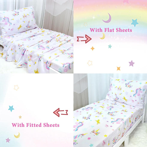 Sets Set 4 Set Toddler Bedding for Girls, Unicorn Toddler Crib Bedding Piece Pink Floral Toddler Comforter Includes
