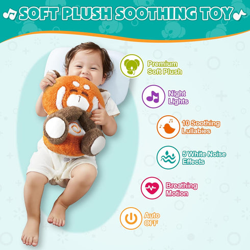 auby Red Panda Baby Soothing Toy - White Noise Machine & Lullabies, Plush Comfort with Rhythmic Breathing, Removable