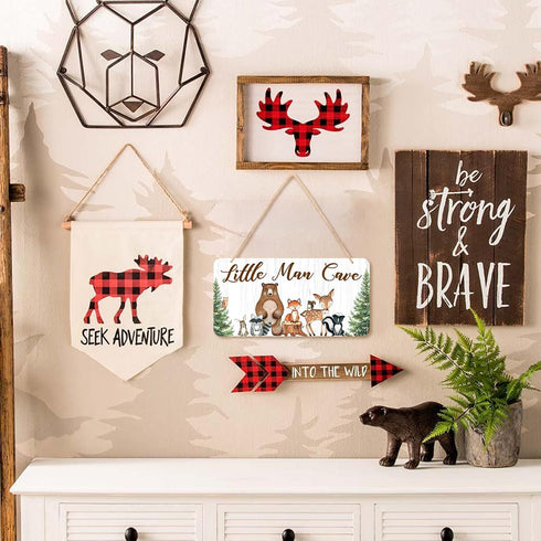 12x6 Uflashmi Wood Liitle Man Cave Sign, Woodland Animal Nursery Wall Decor for Baby Boys Room, Woodland Theme Nursey