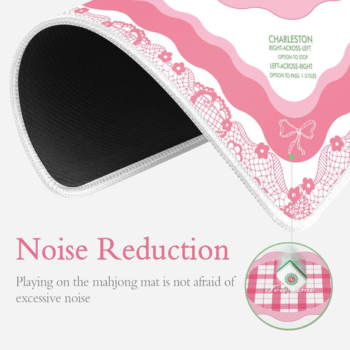 Gedgan 32.4x32.4 Inch Mahjong Mat - Elegant Bow & Lace Trim Design, Non-Slip Noise Reduction Rubber Base, Soft Pink