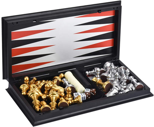 3 in 1 Magnetic Chess Checkers Backgammon Set, Folding Travel Games for Kids and Adults (Chess: Gold & Silver)