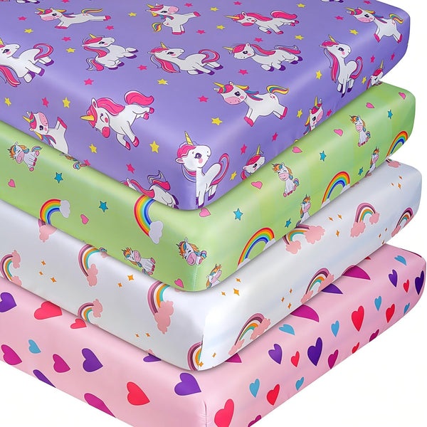 Unicorn Crib Sheet Set, Fitted Crib Sheets Girl, 4 Pack Breathable Soft