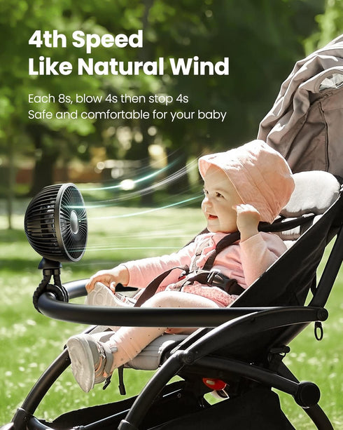 Gaiatop Baby Stroller Fan, 4000mAh Portable Fan with Light, 4 Speeds, Clip On Fan for Car Seat and Crib Travel