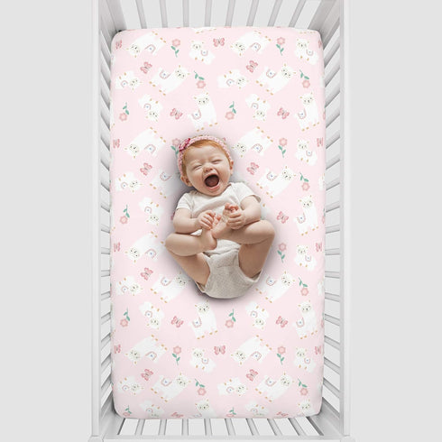 Little Love by NoJo Super Soft Fitted Crib Sheet - Sweet Llama & Butterflies Floral in Pink, Ivory, Lavender, Light