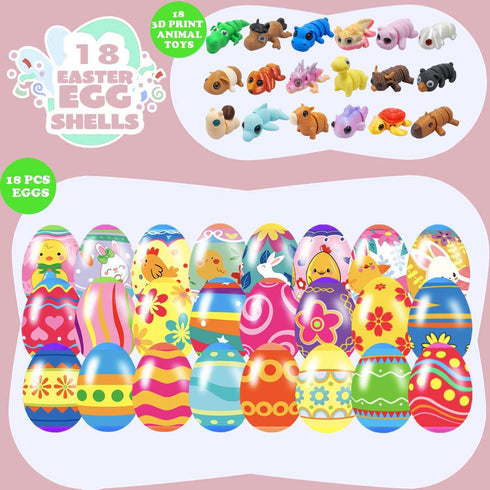 18 3D Pcs Easter Eggs with Print Animal Prefilled Easter Eggs with Toys Inside Easter Egg Fillers for Kids Boys Girls
