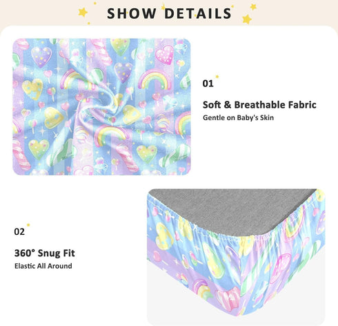 miaozhen 1 Pack 52x28 Cotton Baby Crib Sheets Soft Breathable Cane Candy Cartoon Playard Mattress Sheets for Nursery