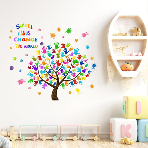 Small Hands Change The World Wall Stickers Inspirational Quote Paint Splatter Diversity Handprint Wall Decals