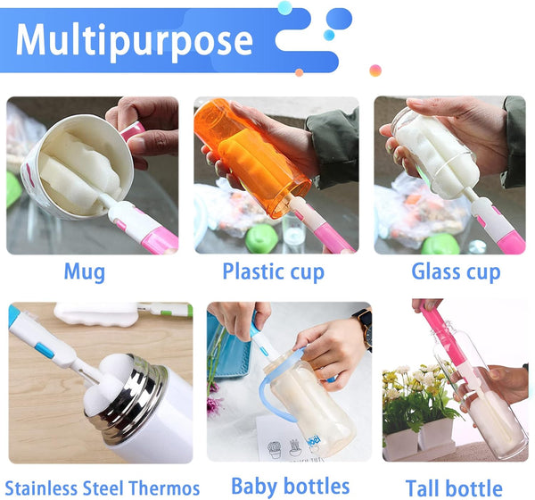 Set 4 (4 4 Bottle Brush Sponge Cup Brush with Replacement Brush Head Portable Long Handle Water Bottle Cleaner Brush