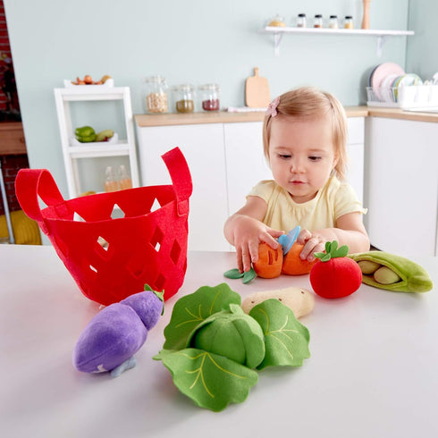 Hape Toddler Vegetable Basket, Soft Grocery Food Playset with Cabbage, Bean Pod, Carrot, and More