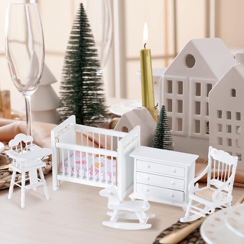 5 Pcs 1:12 Scale Wooden Dollhouse Furniture Set - White Miniature Wood Bedroom Accessories for Creative Play