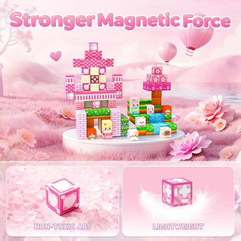 Laoren 4-12 Castle-150pcs) Magnetic Building Blocks, STEM Toys Educational Magnet Cubes for Kids Ages (Pink