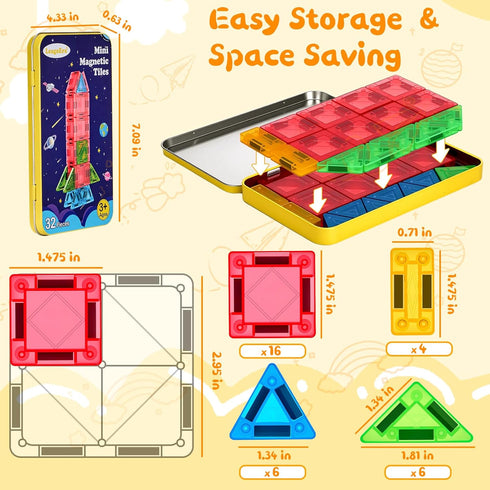 LeagoEra Set 32 3-12 Magnetic Tiles Magnetic Blocks Building Toy: Portable Mini Magnetic Tiles Travel Pieces Montessori