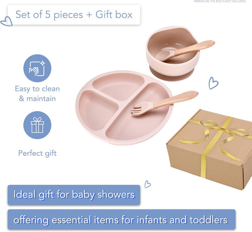 Silicone Baby Feeding Set - Toddler Led Weaning Supplies - Kids Plate, Bowl, Spoon and Fork Set (Cream)