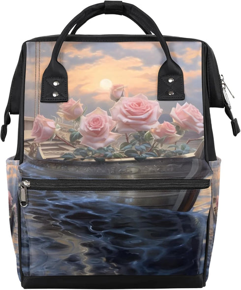 Hsnar Rose Flowers Boat Waterproof Diaper Bag Backpack Large Capacity Baby Bag with