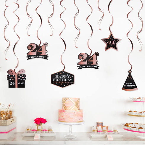 LINGTEER Happy 24th Birthday Decorations, 12Pcs Black & Rose Gold Swirls Streamer Set for 24 Years Old Bday Party