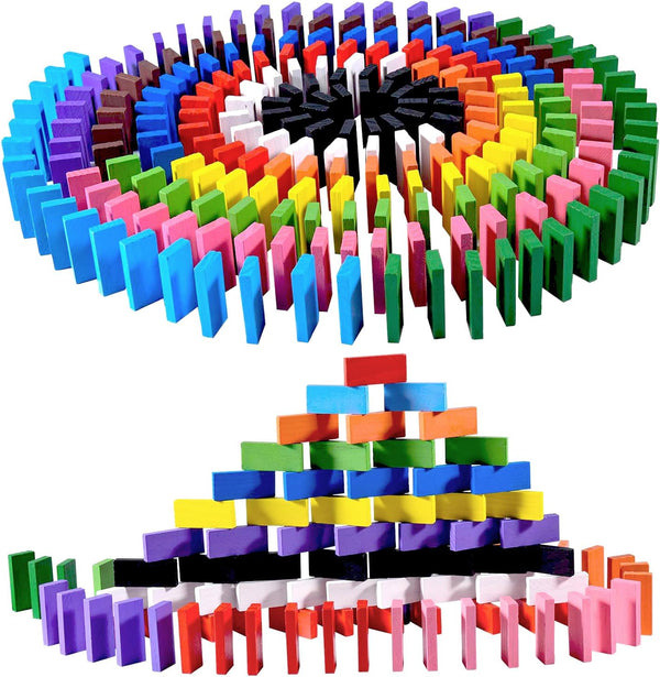 OBTANIM 600 Pcs Colorful Wooden Domino Blocks Set, Bulk Building Racing Stacking Games for Kids Birthday Party Favors