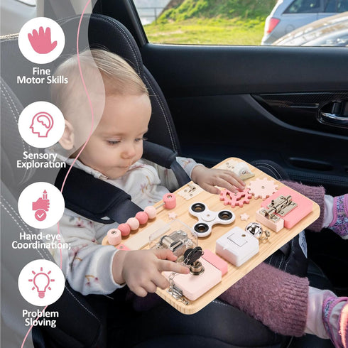 Potatomato Pink Montessori Wooden Busy Board Sensory Toy for Toddlers Educational Activity Board for Kids Fine Motor