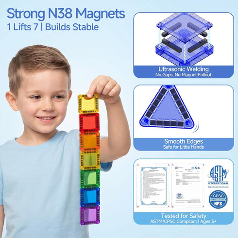60 Set WMXDU PCS Magnetic Tiles Travel for Kids, Portable Magnetic Building Blocks with Tin Box, Car Rides Airplane