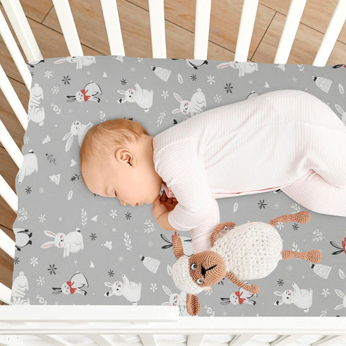 Sheet,52x28IN Pfrewn Christmas Crib Sheets for Boys Girls Cute White Bunnies Snow Fitted Crib Sheet Fits Standard Crib
