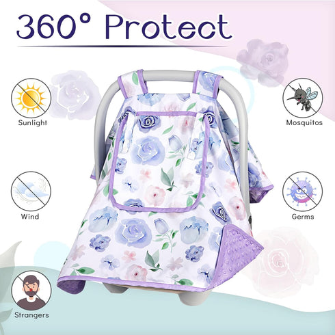 Cozy Baby Carseat Seat Cover Girls, Winter Carseat Canopy, & Warm Cover with Zipper Peep Windows, Infant Minky Carrier