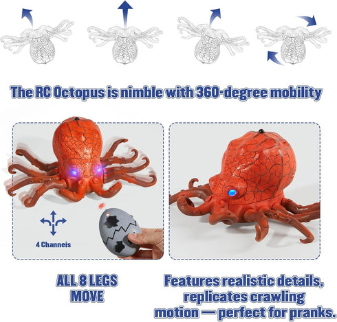 6+ AMCHSURI Remote Control Animals Crawling RC Octopus Toy with Blue LED Eyes & Realistic Movement Crawling, Cool Gag