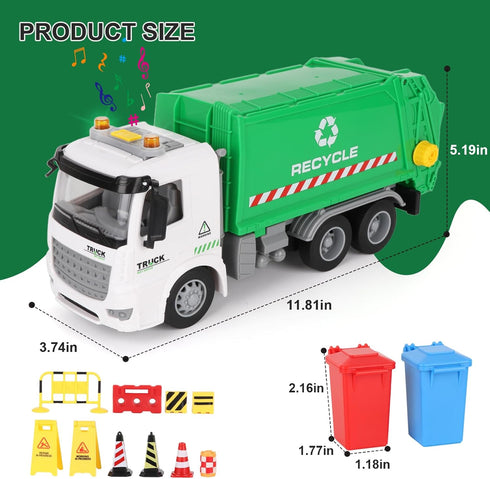Mscredse 11" 3-7 Mini Garbage Truck Toy, Trash Truck Toy with Dumping Function, Friction Powered, Sound and Lights
