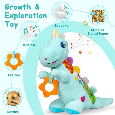 Holaxander 0-3-6-12+ Textures,Tummy Baby Dino Plush Soft Stuffed Animal Toy for Months,Infant Musical Toy