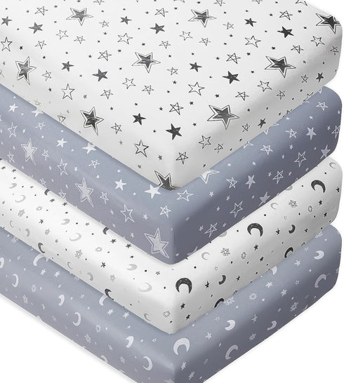 FIGEPO 4 Pack Star and Moon Neutral Unisex Fitted Baby Sheets Set for