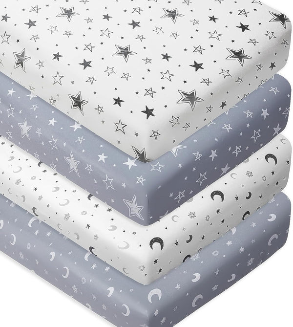 FIGEPO 4 Pack Star and Moon Neutral Unisex Fitted Baby Sheets Set for