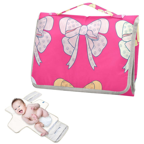 Jihqo Diaper Changing Pad Bows Pink Portable Diaper Mat with Built-in Pillow Travel Changing Station for Baby