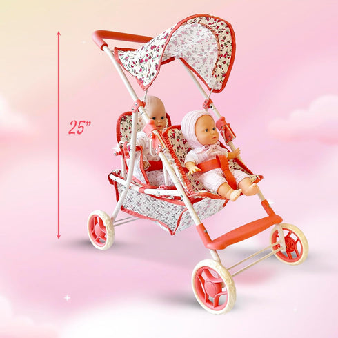 Double Doll Stroller for Baby Dolls, Floral Tandem Play Toy Stroller for 4-8 Year Old Girls