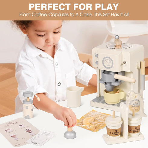 Playset Pithfor Kids Wooden Coffee with Grinder, Toy Coffee Maker for Kids Toddlers, Pretend Play Kitchen Appliances
