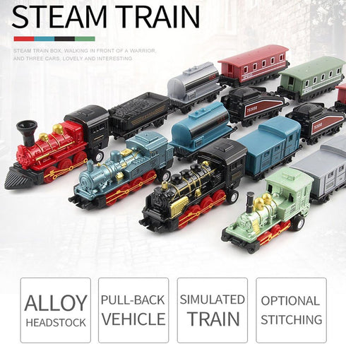CORPER TOYS Mini Train Toy Die-Cast Pull Back Steam Train Model Set - 4 Packs (16 Pieces)