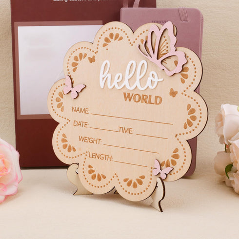 BOXOB 7x6.81in Wooden Baby Announcement Sign, Butterfly Hello World Newborn Sign Baby Name Plaque Board Newborn Welcome