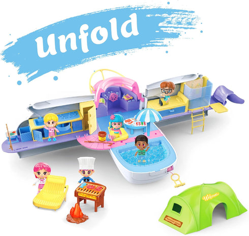 Playset 3-5, Set 4 5 6 iPlay, iLearn Boat Dollhouse for Girls Kids Pretend Play Doll House W/ Cruise Ship, Dolls