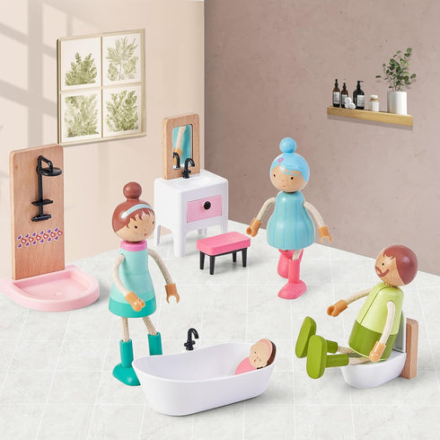 36pcs Set 5 3+ Giant bean Wooden Dollhouse Furniture with Dolls for Rooms, Wood & Plastic Pink Dollhouse Accessories