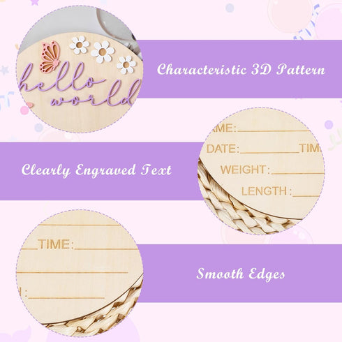 Ajcotahm 5.9 Inch Hello World Newborn Sign, Wooden Baby Announcement Sign Pink Butterfly Style Birth Welcome Board