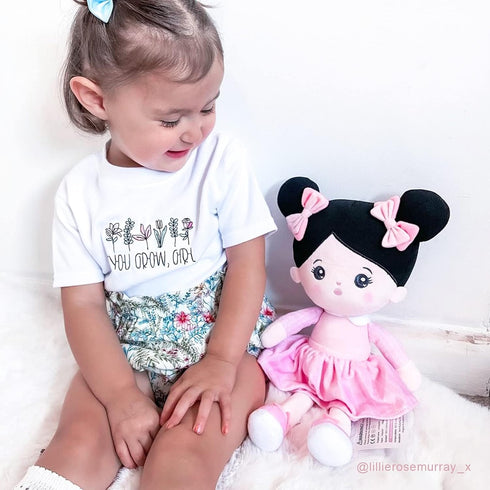 OUOZZZ Soft Baby Doll for Girls - My First Baby Doll, Plush Rag Doll with Black Hair & Pink Dress for Toddlers