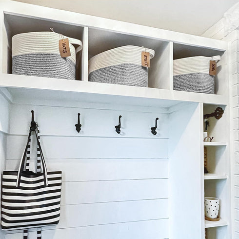 Goodpick Woven Storage Basket for Shelves, Small Laundry Basket with Handles, Grey and White