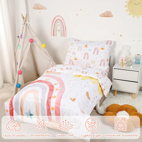 Set 4 Set, Set Toddler Bedding for Girls, Piece Rainbow Toddler Girl Bedding Super Soft & Lightweight Toddler Comforter