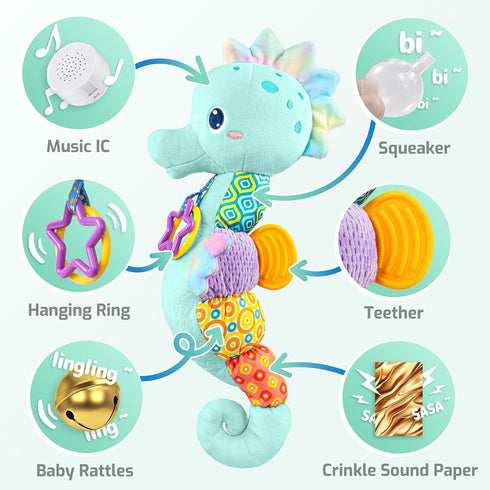 Infant Baby Musical Stuffed Animal Activity Toys, Multi-Sensory Crinkle, Rattle, Textures for Newborns 0-12 Months,