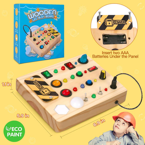 LED Busy Board, Wooden Sensory Toys for Toddler, Montessori Music Toy for Airplane, Educational Learning Toy
