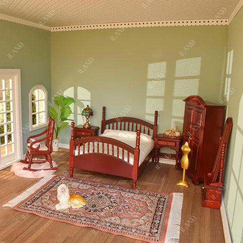 iLAND Vintage Dollhouse Furniture Set, 1/12 Scale Mahogany Bedroom Furniture, 7pcs Including Bed & Mirror