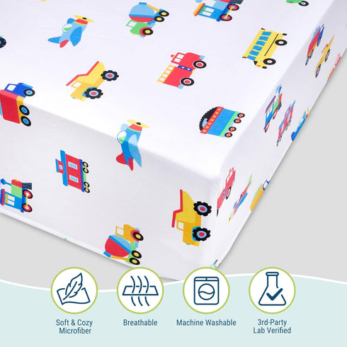 Wildkin Kids 100% Microfiber Crib Sheet - Soft, Breathable Fitted Sheet - Trains, Planes, and Trucks
