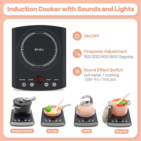 Set, Set Set CUTE STONE Play Kitchen Accessories Kids Cooking Toys with Play Pots and Pans, Electronic Induction