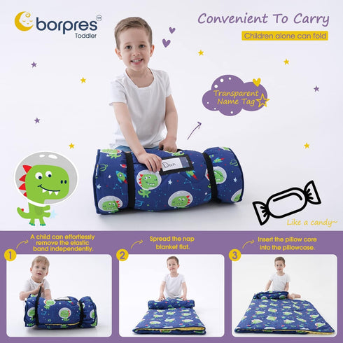 Set: Nap Mat with Pillow Blanket Sleeping Mats for Toddler Kids - Thick Large Roll up Slumber Bag for Daycare Preschool
