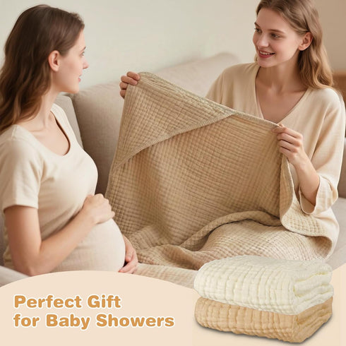 HUITAO 2 Pack 6-Layer 100% 32x32 Inch Hooded Baby Bath Towels for Newborn, - Muslin Cotton, Soft Absorbent Baby Towels