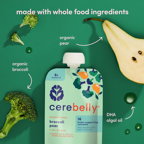 16 4oz, 1 Count Cerebelly Organic Baby Food Pouches, Broccoli Pear Purees, Nutrients, No Added Sugar, Fiber & Non-GMO