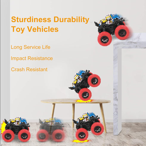 M SANMERSEN Monster Trucks for Boys, 4 Pack Push and Go Friction Powered Cars, 360° Rotating Stunt Car Gifts