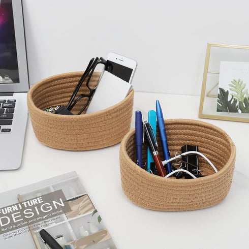 ?2 Pack?ABenkle Small Woven Baskets, Tiny Oval Shallow Storage Baskets, Mini Cotton Rope Decorative Basket, Boho